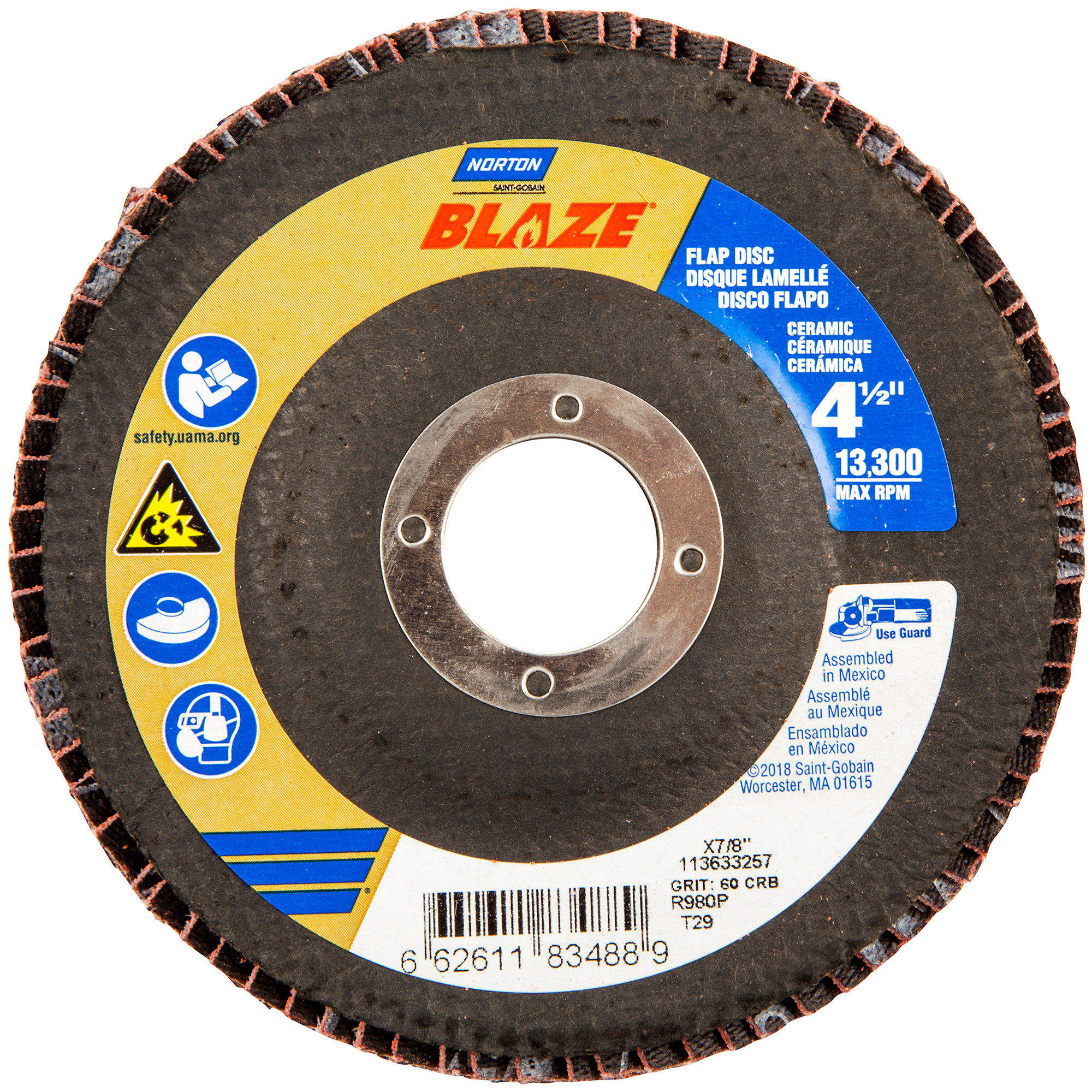 Norton Abrasives®Flap Disc R980P Blaze Type 29 Premium Ceramic Alumina 60 grit Coarse Sanding Grade 4.5 x 7/8